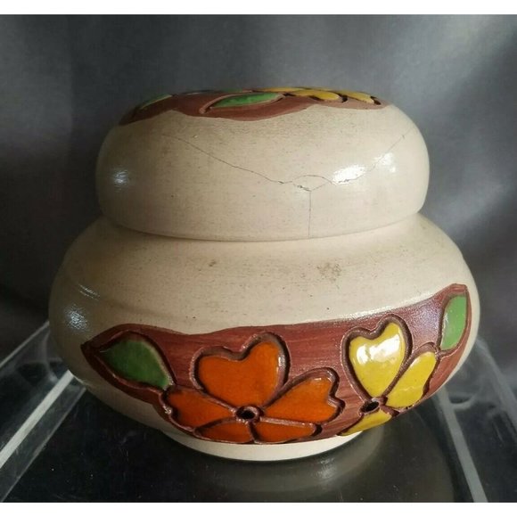 South America Handcrafted Pottery Ginger Jar with lid enamel flowers - Picture 6 of 9
